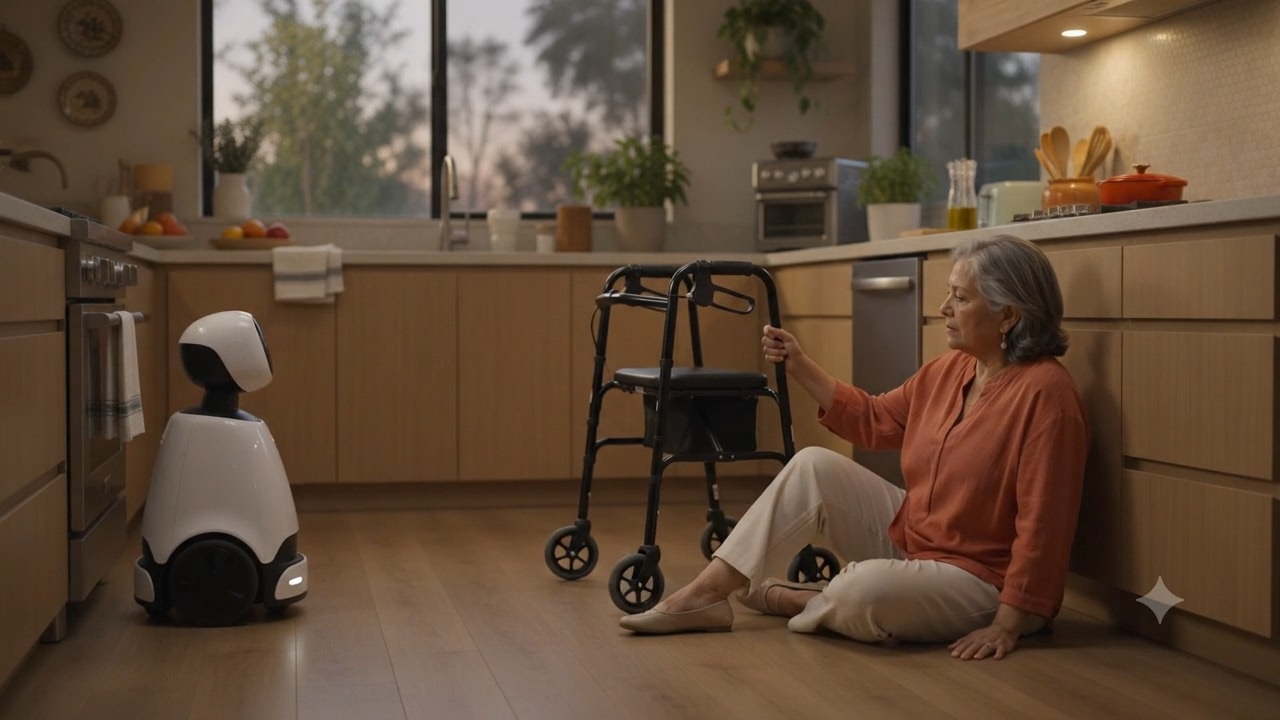 Mrs. Alvarez seated on the kitchen floor with the support frame within reach and the assistive system holding back