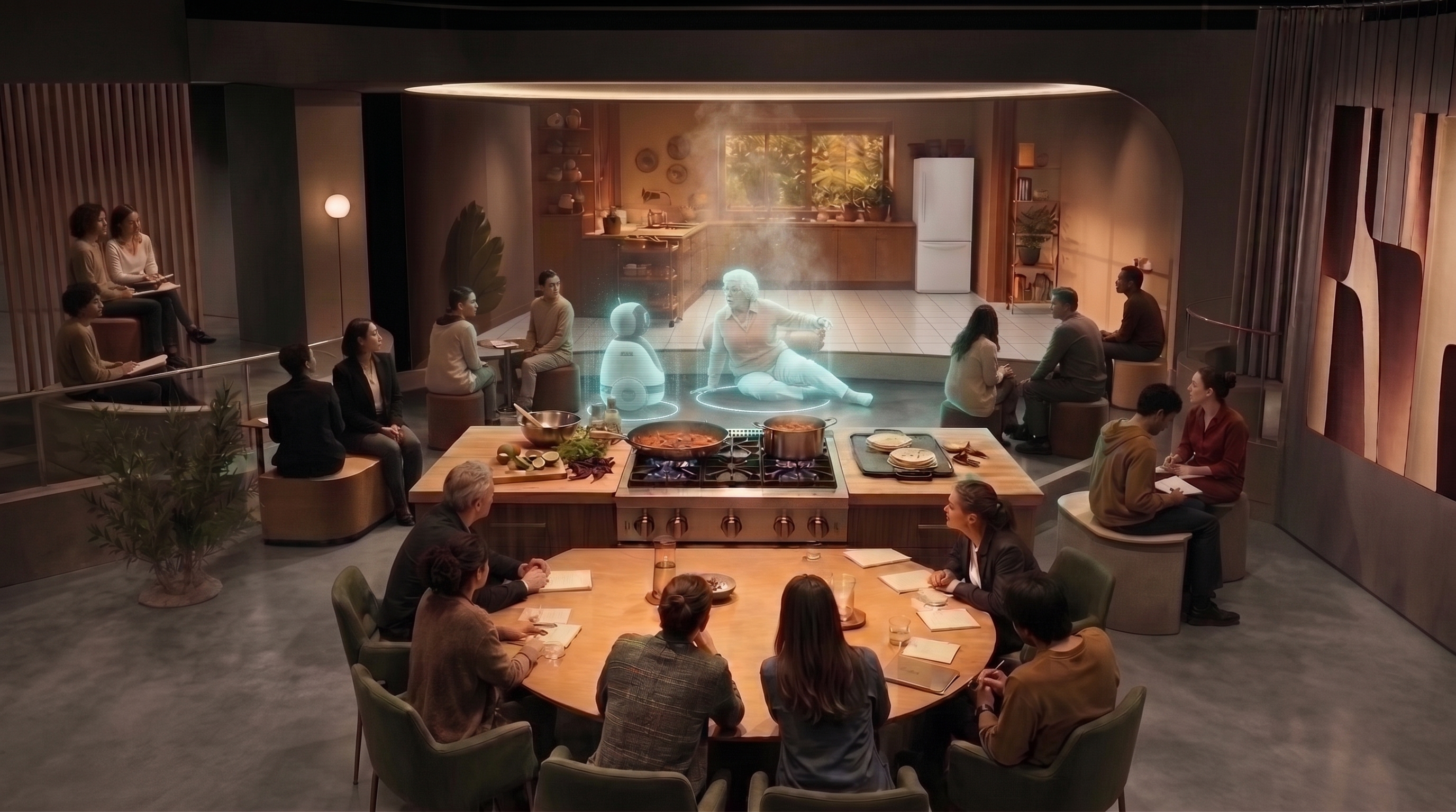 Immersive domestic simulation room with a projected scene, paired participants, and a tiered audience